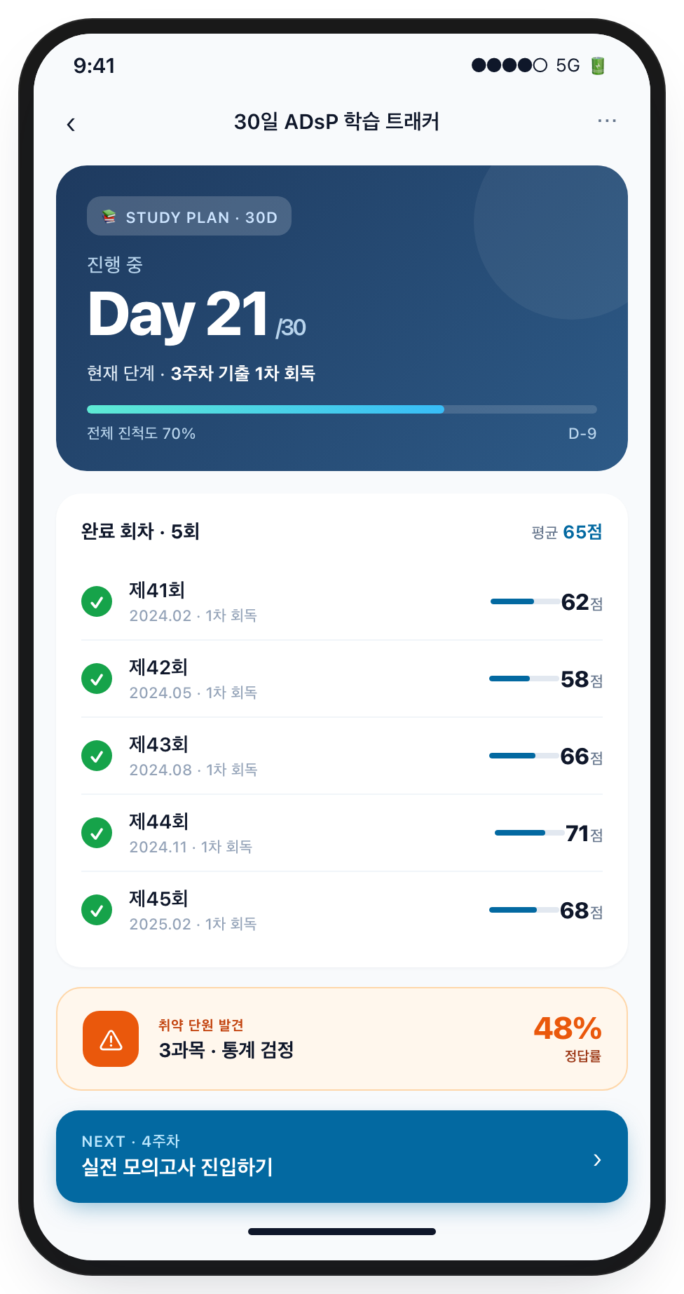 ADsP 기출 학습 진척도 트래커 화면