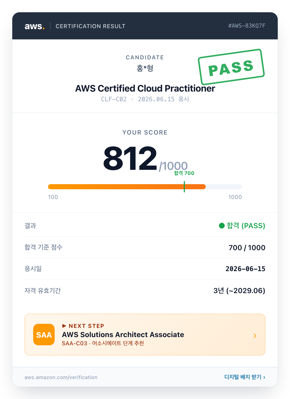 AWS 자격증 시험 결과 화면