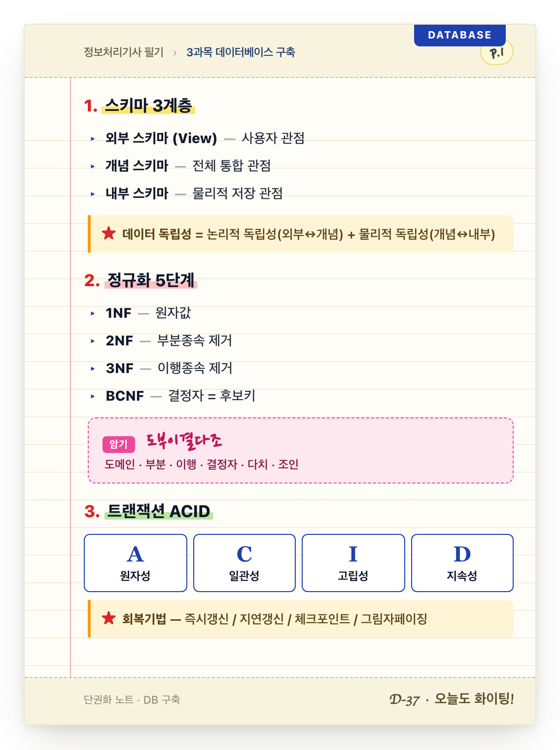 정보처리기사 데이터베이스 구축 단권화 노트 1페이지 재현